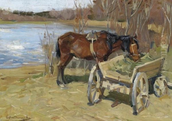 Horse Standingby A Hay Wagon Oil Painting by Ivan Alexeievitch Vladimirov