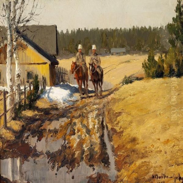 Calm Autumn Day With Two Cossacks In A Village Oil Painting by Ivan Alexeievitch Vladimirov