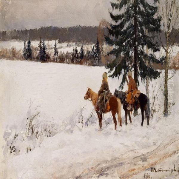 Winter Landscape With Two Cossacks On Reconnaissance Oil Painting by Ivan Alexeievitch Vladimirov