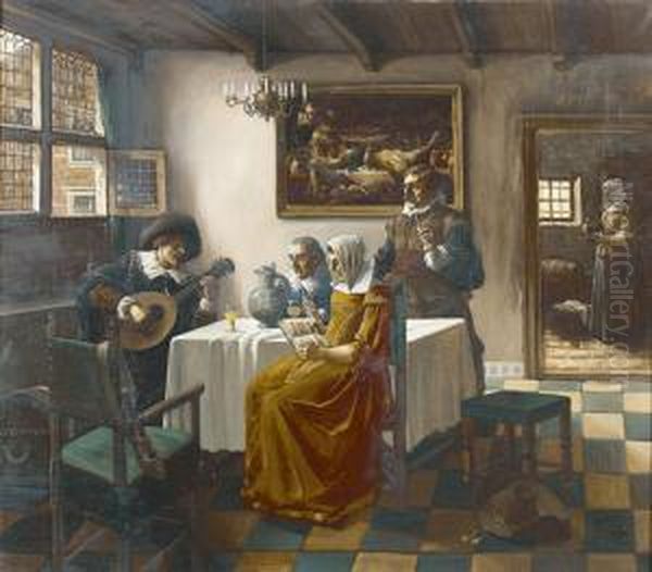 Interieur Mit Tischgesellschaft Und Musikant Oil Painting by Philipp Vlasdeck