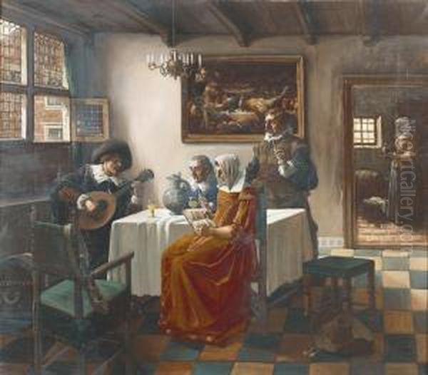 Interieurszene Mit Einem Musikanten. Oil Painting by Philipp Vlasdeck