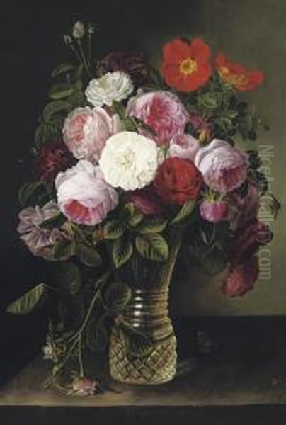 Summer Roses In A Crystal Vase Oil Painting by Gottfried Wilhelm Voelcker