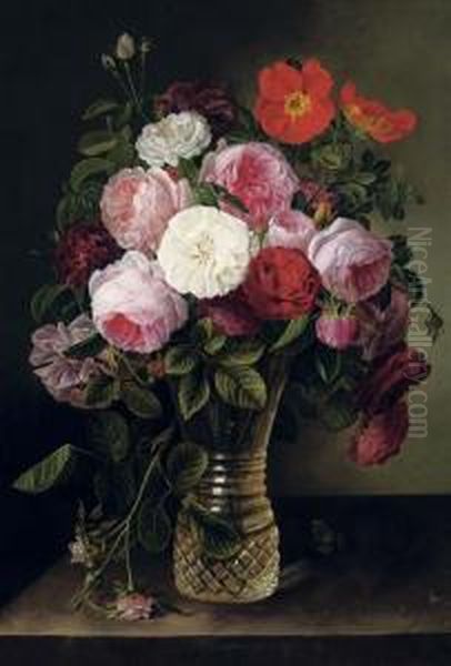 Summer Roses In A Crystal Vase Oil Painting by Gottfried Wilhelm Voelcker