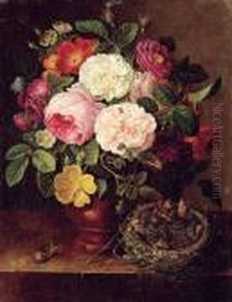 Bouquet De Fleurs Et Nid D'oiseaux Sur Un Entablement Oil Painting by Gottfried Wilhelm Voelcker