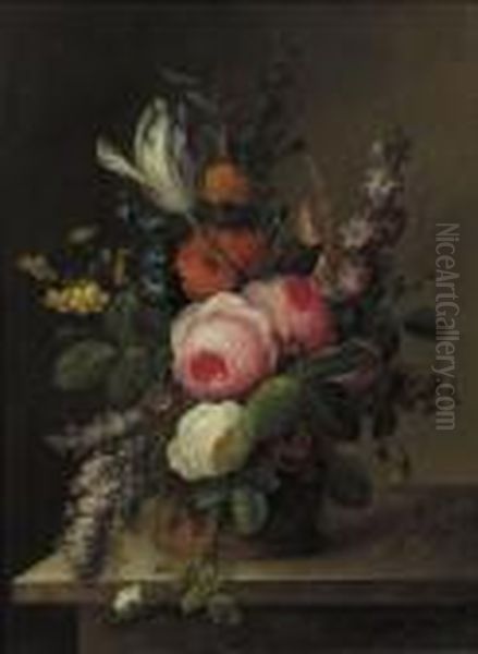 A Still Life With Larkspur, Roses, Poppies, Lilacs, Dafodil, Tulipsand Primrose Oil Painting by Gottfried Wilhelm Voelcker