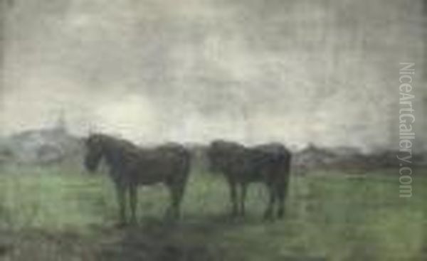 Two Horses In A Meadow, Hattem Oil Painting by Floris Verster