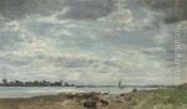 Cows Resting On The Shore Of The Riverijssel Oil Painting by Floris Verster