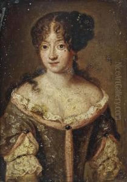 Portrait Of A Lady, Half-length, In A Blue Silk Dress With Pink Trimming And A White Lace Chemise, Pearl Ornaments In Her Hair Oil Painting by Jacob Ferdinand Voet