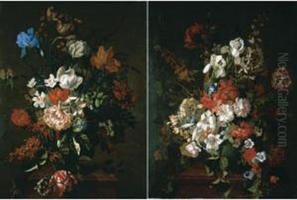 Still Life With Tulips, Irises, Narcissi, Honeysuckle, And Various Other Flowers In An Urn, On A Marble Pedestal; Still Life With Lilies, Irises, Fruitillaries And Other Flowers In A Vase On A Marble Pedestal Oil Painting by Karel Borchaert Voet