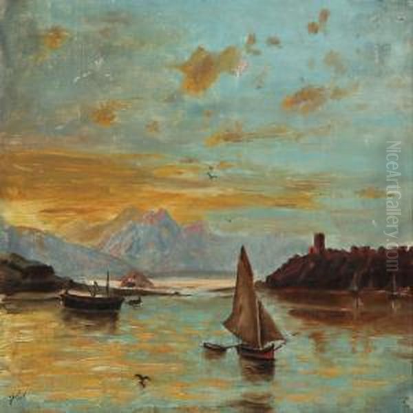 Fiord Scene With Sailing Ships Oil Painting by Johannes Gijsbert Vogel