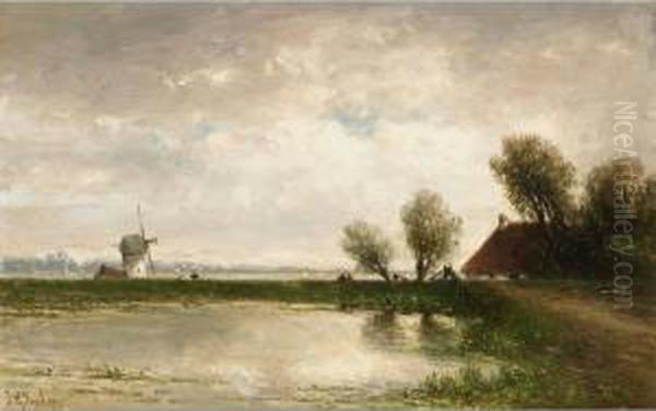 Polder Landscape Oil Painting by Johannes Gijsbert Vogel