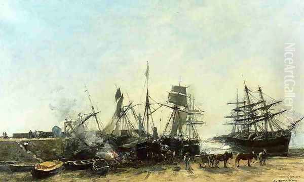 Portrieux, the Port at Low Tide, Unloading Fish Oil Painting by Eugene Boudin