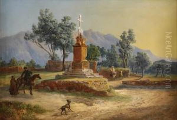 Italienische Landschaft Mit Regem Treiben. Oil Painting by Ludwig Vogel