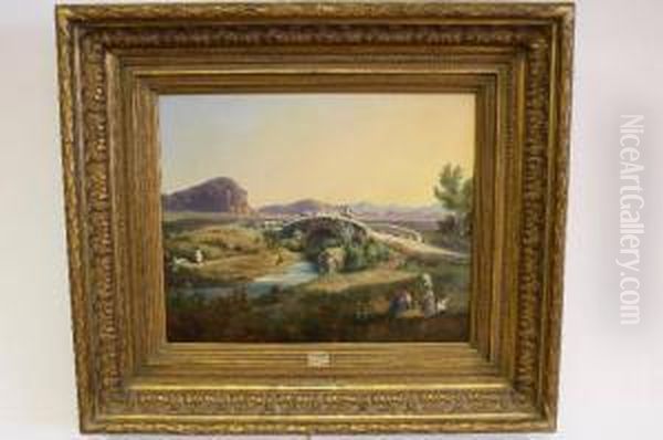 Avondlandschap In De Omgeving Van Rome Met Herders En Vee Bijeen Brug Oil Painting by Ludwig Vogel