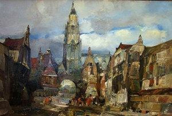 Busy Street Scene In A European Town Oil Painting by Guillaume Vogels