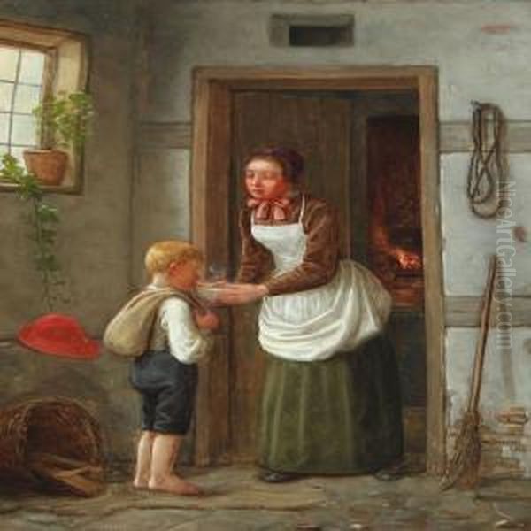 Interior With Woman And Boy Oil Painting by Christian Rudolph Vogelsang