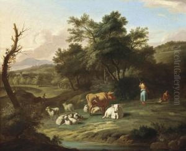 A Wooded River Landscape With Drovers And Their Cattle At Rest Oil Painting by Isaac Vogelsang