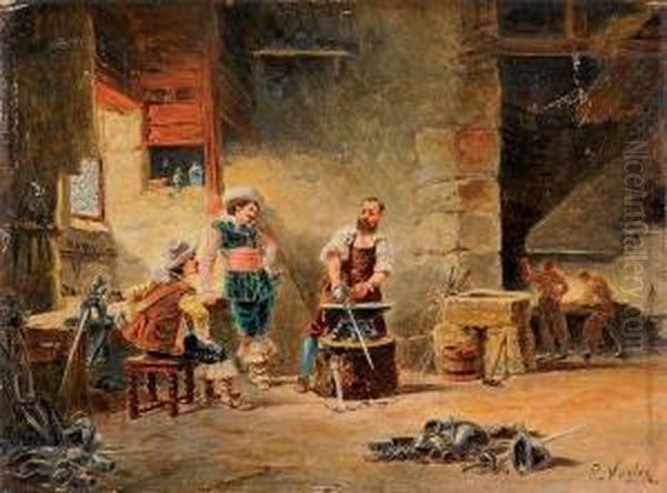 Mousquetaires Chez L'armurier Oil Painting by Paul Vogler