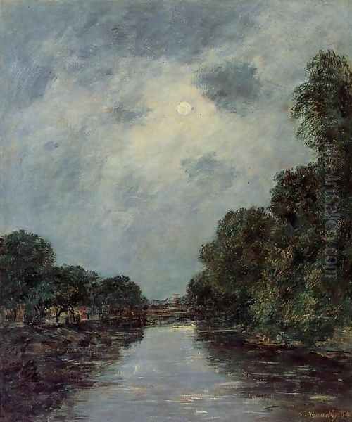 The Somme near D'Abbeville - Moonlight Oil Painting by Eugene Boudin