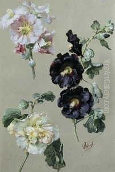 Studienblatt Mit Pfirsichbluten Und Bluhenden Stockrosen. Oil Painting by Otto Eduard Voigt