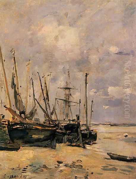 Boats at the Beach at Low Tide Oil Painting by Eugene Boudin