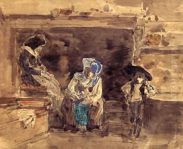 Breton Family by the Fireplace Oil Painting by Eugene Boudin