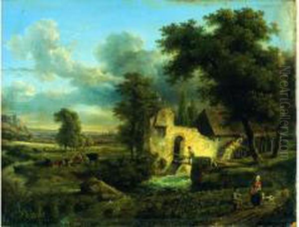 Paysage Pastoral Au Moulin A Eau Oil Painting by Jean Louis Voille