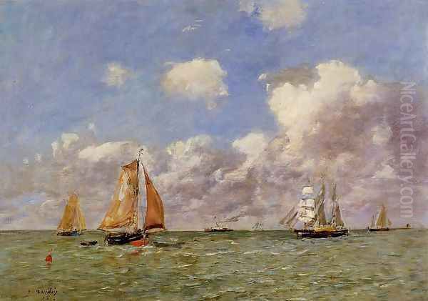 Fishing Boats at Sea Oil Painting by Eugene Boudin