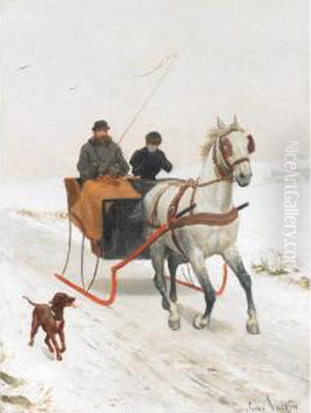 Winter Sleigh Ride Oil Painting by Jules Antoine Voirin