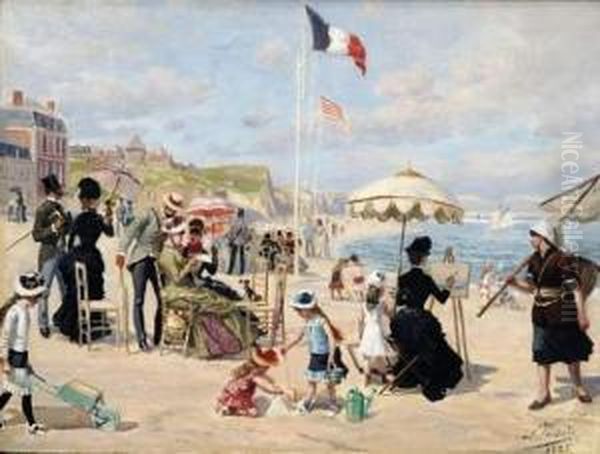 Sur La Plage De Deauville Oil Painting by Leon Joseph Voirin