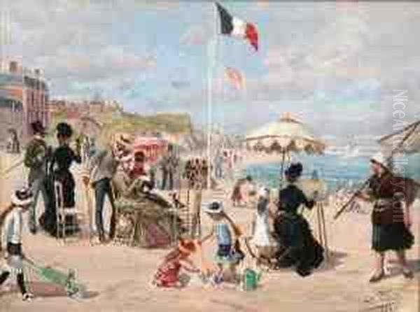 Scene De Plage Animee. Oil Painting by Leon Joseph Voirin