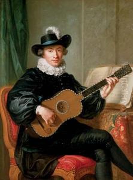 Portrait Of Monsieur Aublet, Three-quarter-length, Seated, In A Black Fancy Costume And Playing A Five-course Guitar, A Sheet Of Music On A Table Beside Him Oil Painting by Guillaume Voiriot