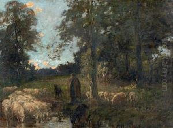 Bergere Et Ses Moutons A L'abreuvoir Oil Painting by Adrien Gabriel Voisard-Margerie