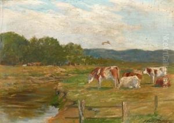 Vaches A L'herbage Oil Painting by Adrien Gabriel Voisard-Margerie