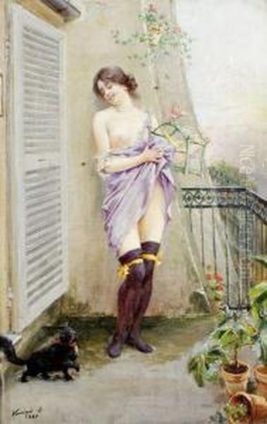 Femme En Neglige Mauve Au Balcon Oil Painting by S. Voisinot