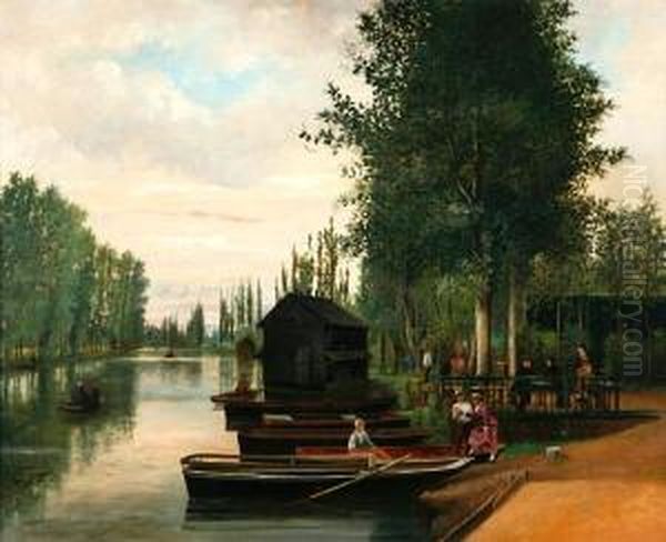 A Tranquil River Scene With Ladies By Aboat Oil Painting by Joseph Vola