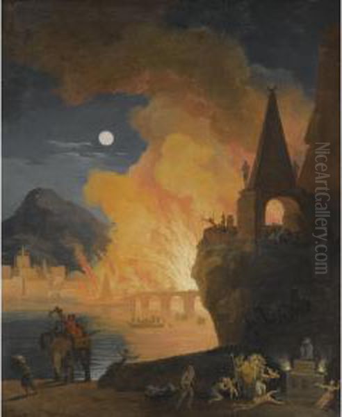 A Nocturnal Landscape With Figures Fleeing The Fire Of Alexandria Oil Painting by Pierre-Jacques Volaire