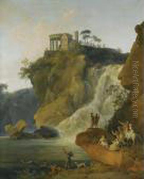 The Waterfalls At Tivoli With Figures Resting And Hunting Oil Painting by Pierre-Jacques Volaire