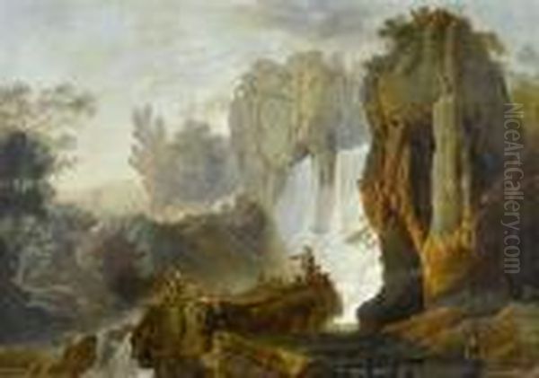 Landscape With Fishermen At A Waterfall Oil Painting by Pierre-Jacques Volaire