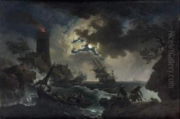 Voilier Au Clair De Lune Au Pied D'un Phare Allume Oil Painting by Pierre-Jacques Volaire