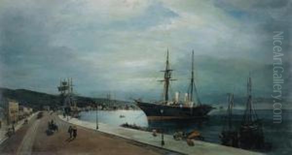 Moonlit Harbour Of Volos Oil Painting by Constantinos Volanakis