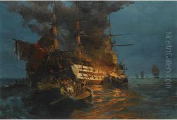 The Burning Of A Turkish Frigate Oil Painting by Constantinos Volanakis