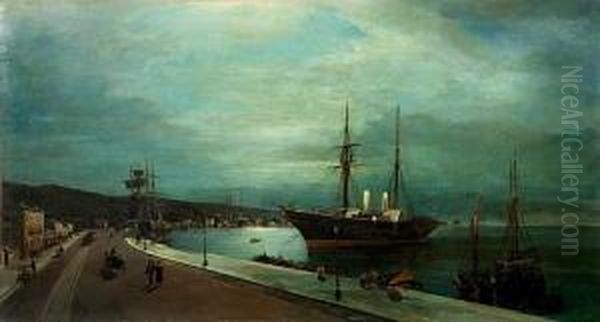 Moonlit Harbour Of Volos Oil Painting by Constantinos Volanakis