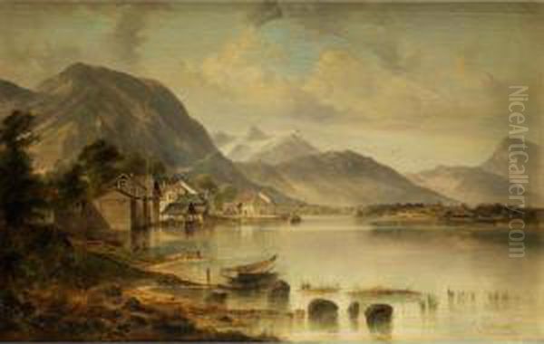 Blick Auf Einen Alpensee Mit Hausern Am Ufer Und Einem Dampfersteg Oil Painting by Raimund Volanek