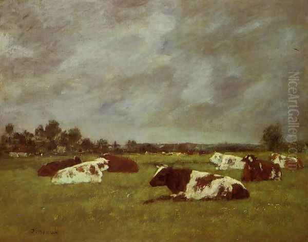 Cows in a Meadow, Morning Effect Oil Painting by Eugene Boudin