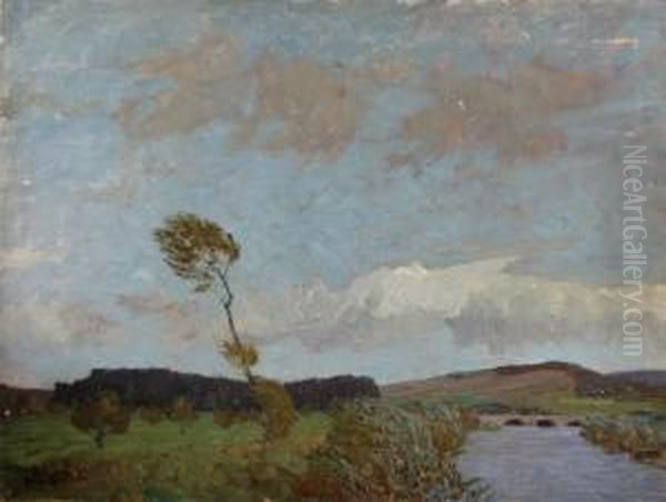 Wiesenlandschaft Mit Bachlauf Oil Painting by Hans Volcker