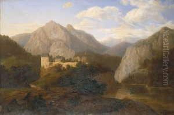 Ansicht Der Burg Rhazuns Bei Chur (graubunden). Signiert Und Datiert Unten Rechts: H. Volckart 1866. Ol Auf Leinwand. H 74; B 110 Cm. Oil Painting by Hugo Eduard Volckert