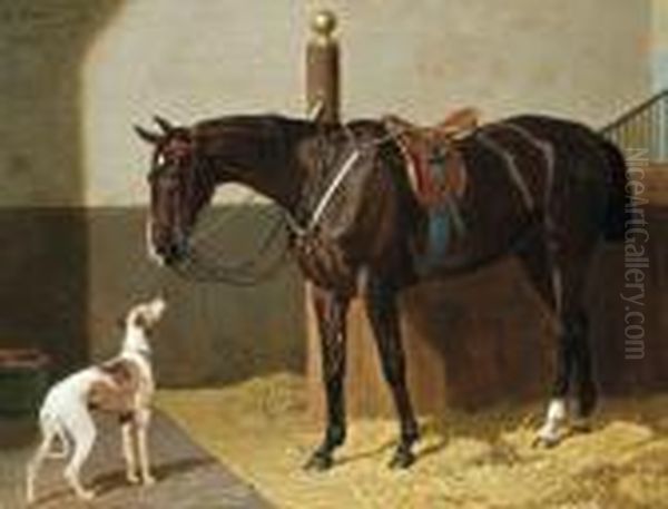 Cheval Selle Et Chien A L'ecurie Oil Painting by Emil Volkers