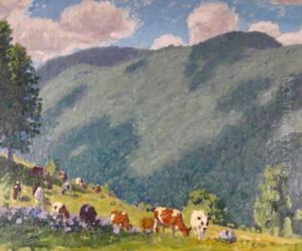 Cows Grazing On A Hillside Oil Painting by Edward Charles Volkert