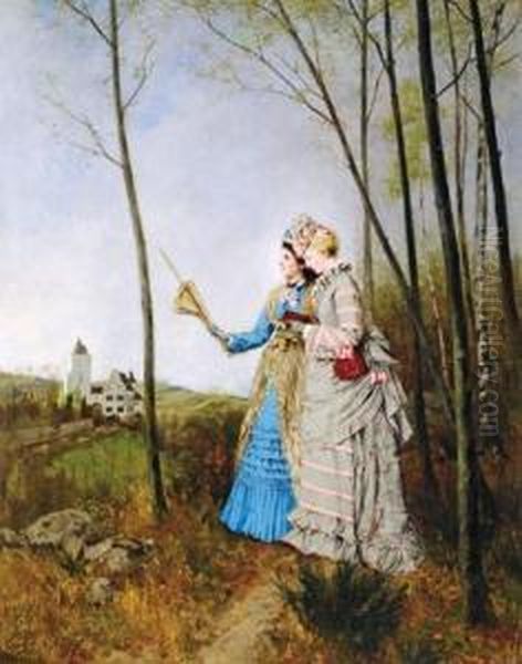 Two Ladies In A Rural Landscape Oil Painting by Max Volkhart